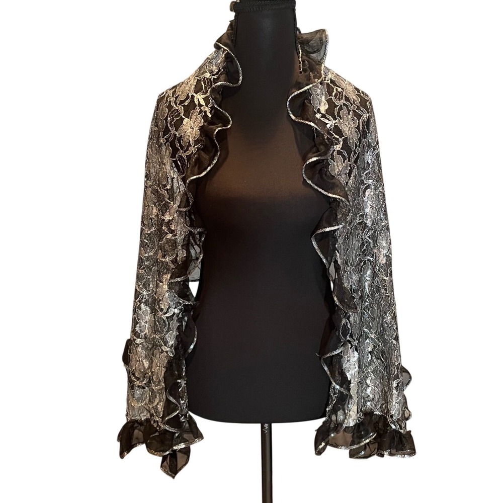 Black Silver Shawl Scarf Ruffle Trim Metallic Evening Wrap Stole Goth Glam Vampy